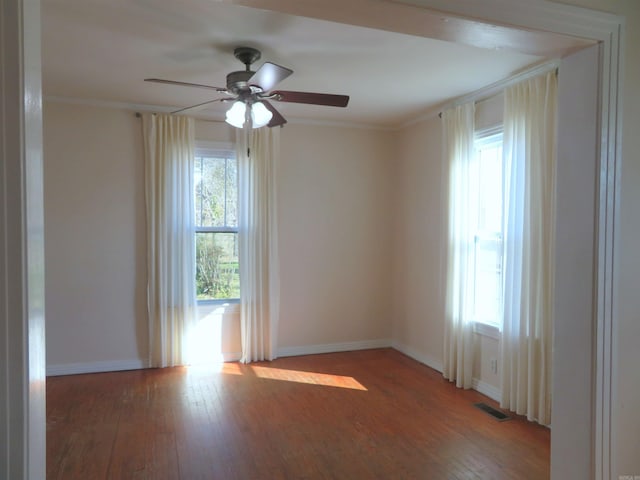 spare room featuring hardwood / wood-style floors, crown molding, and a healthy amount of sunlight