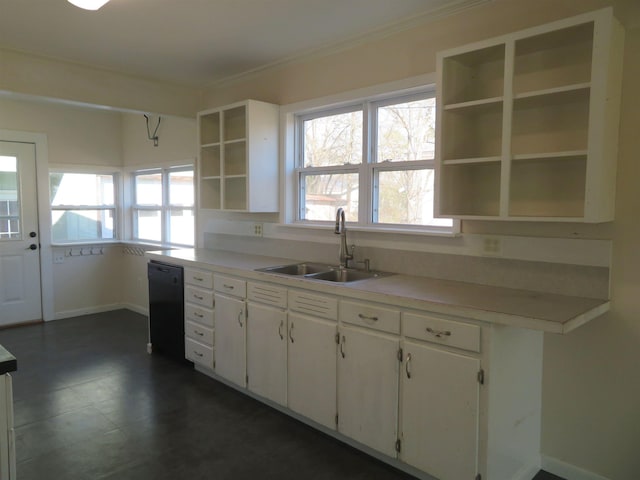 kitchen featuring crown molding, dishwasher, sink, and white cabinets