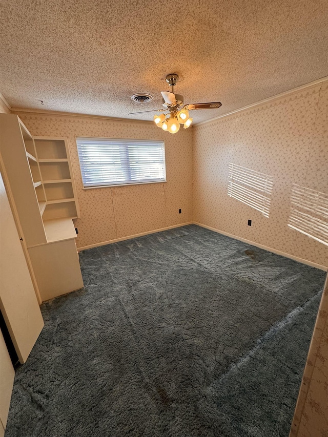 unfurnished room with dark colored carpet, built in features, and a textured ceiling