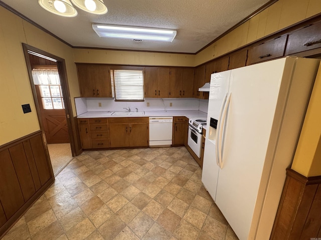 kitchen featuring white appliances, sink, a textured ceiling, and a wealth of natural light