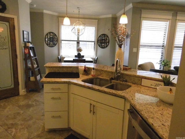 kitchen with dishwasher, sink, hanging light fixtures, ornamental molding, and light stone counters