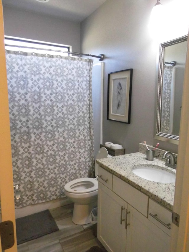 bathroom with vanity, toilet, and a shower with shower curtain