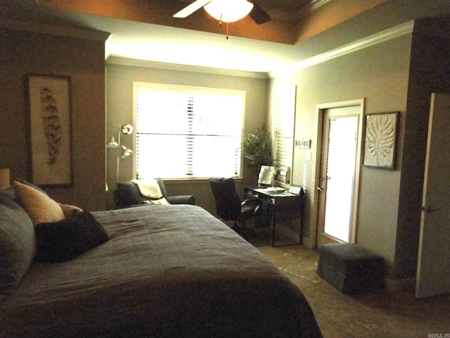 bedroom featuring ornamental molding and ceiling fan