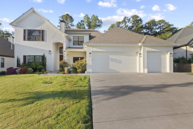 view of front of house with a garage and a front lawn