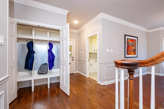 mudroom with crown molding and dark wood-type flooring