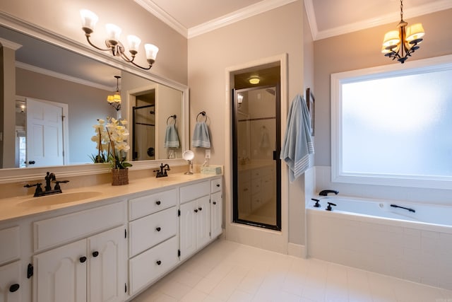 bathroom with tile patterned floors, separate shower and tub, ornamental molding, vanity, and a notable chandelier