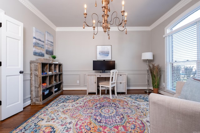 home office with crown molding, dark wood-type flooring, and an inviting chandelier