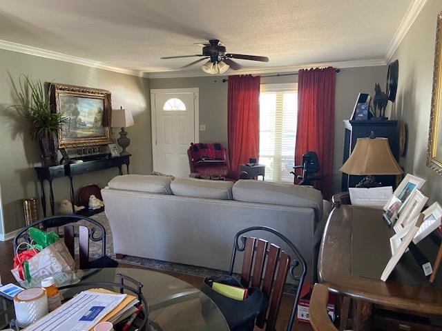 living room featuring crown molding and ceiling fan