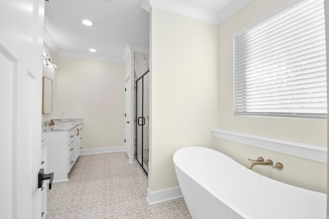 bathroom featuring crown molding, vanity, and plus walk in shower