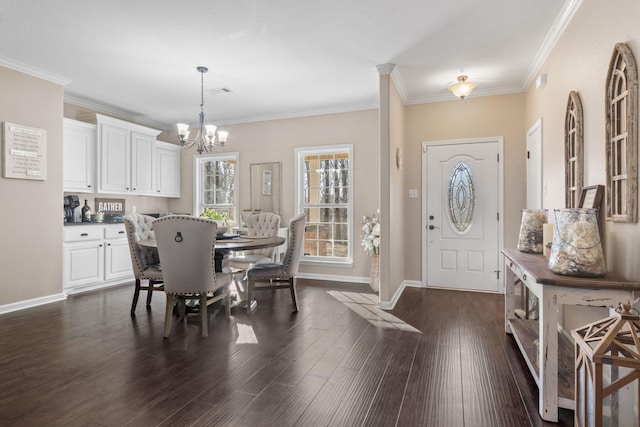 interior space with crown molding, a notable chandelier, and dark hardwood / wood-style flooring