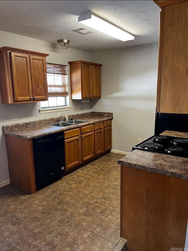 kitchen with sink, electric range, black dishwasher, a textured ceiling, and dark tile patterned flooring