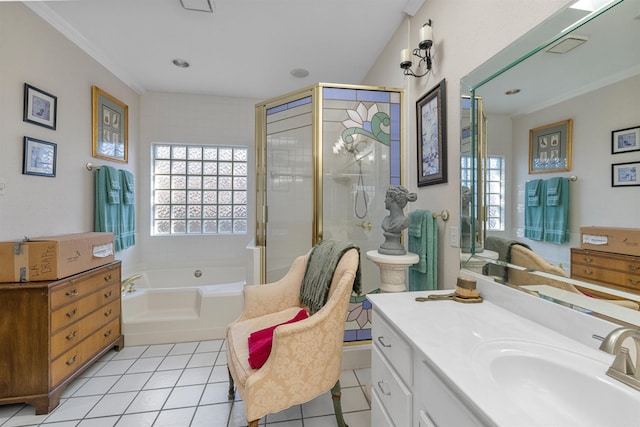 bathroom featuring ornamental molding, vanity, separate shower and tub, and tile patterned flooring