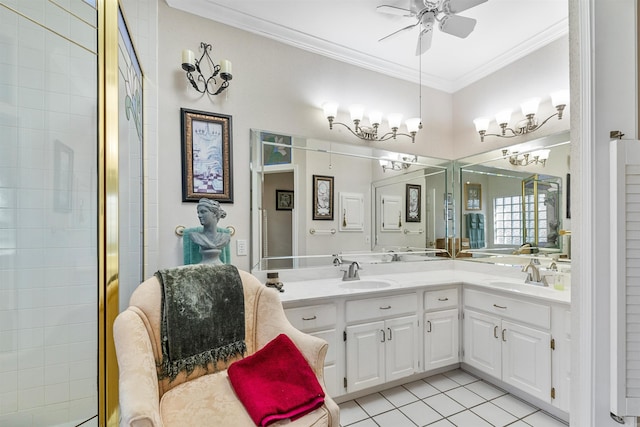 bathroom with an enclosed shower, crown molding, vanity, ceiling fan, and tile patterned flooring