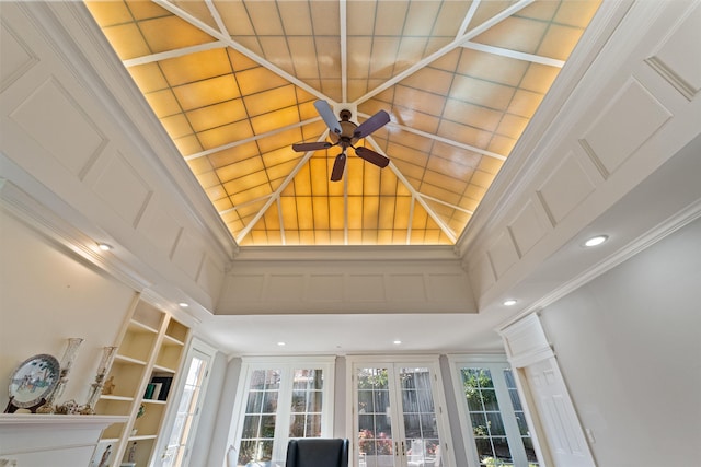 details featuring french doors, ceiling fan, and ornamental molding