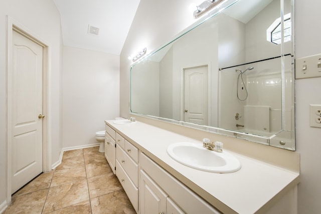 full bathroom with vaulted ceiling, vanity, shower / bathtub combination, and toilet