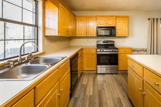 kitchen with dark wood-type flooring, sink, a textured ceiling, ornamental molding, and black appliances