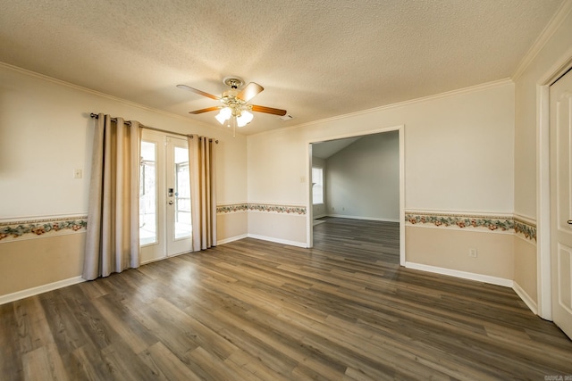 empty room with crown molding, french doors, and a textured ceiling