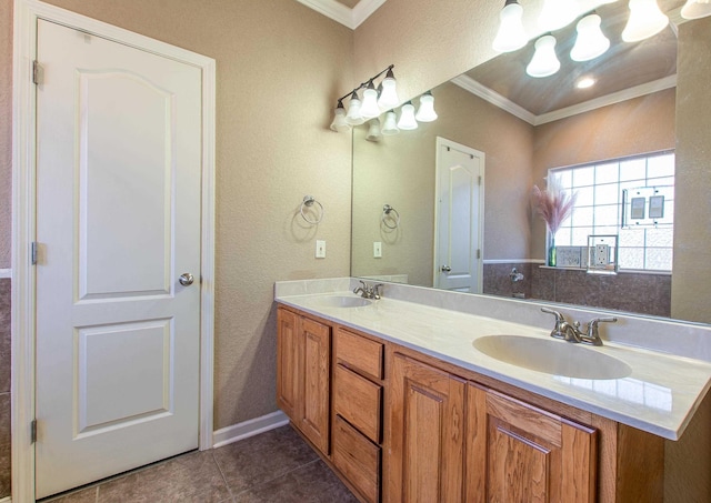 bathroom featuring vanity, tile patterned floors, and ornamental molding