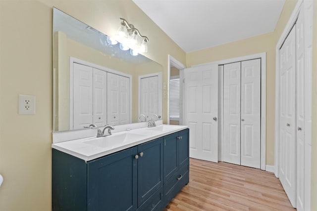 bathroom with vanity and wood-type flooring