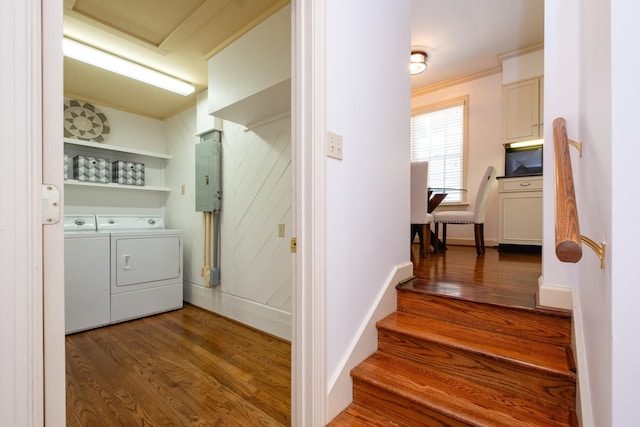 clothes washing area featuring crown molding, washer and dryer, hardwood / wood-style floors, and electric panel