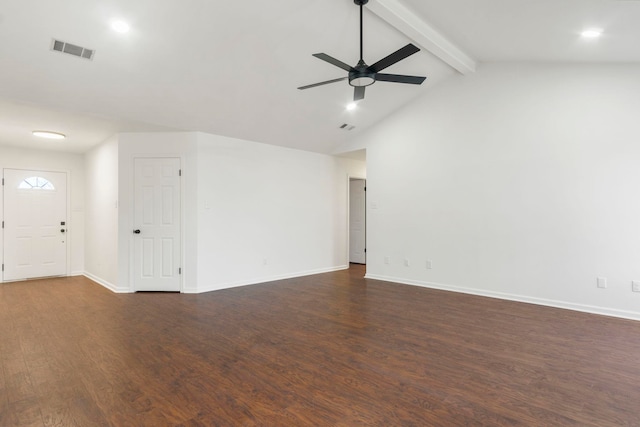 unfurnished living room featuring lofted ceiling with beams, dark hardwood / wood-style floors, and ceiling fan