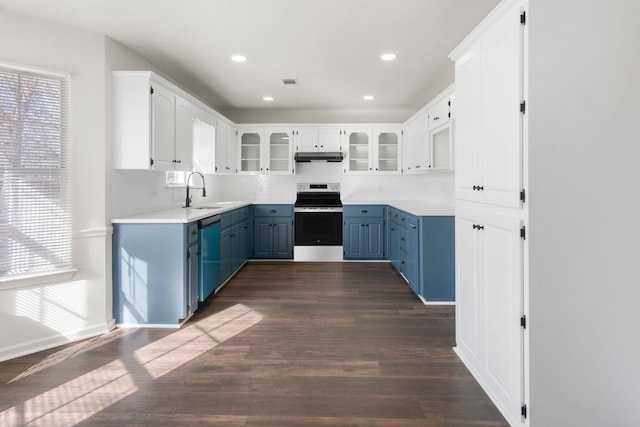 kitchen with white cabinetry, appliances with stainless steel finishes, blue cabinetry, and dark hardwood / wood-style flooring