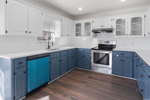 kitchen with white cabinetry, stainless steel electric stove, dishwashing machine, and sink