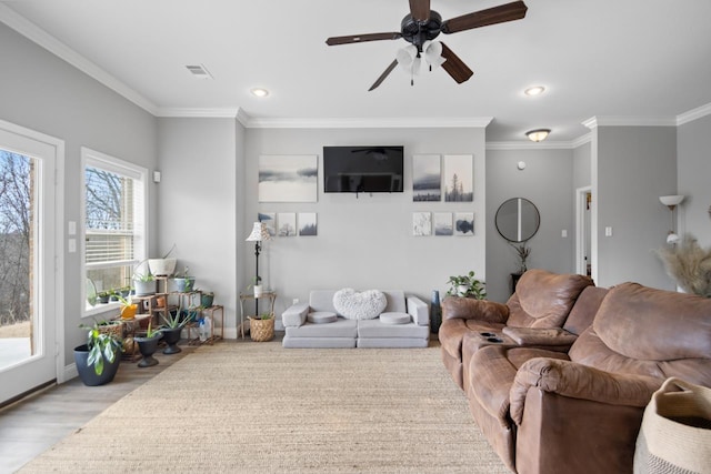 living room with crown molding, a wealth of natural light, and light wood-type flooring