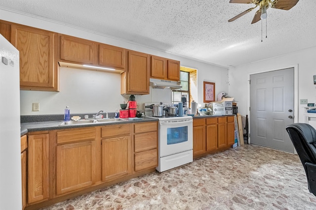 kitchen featuring ceiling fan, sink, a textured ceiling, and white range with electric stovetop