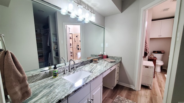 bathroom featuring vanity, toilet, and hardwood / wood-style floors