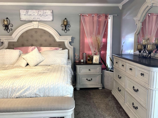 carpeted bedroom featuring ornamental molding