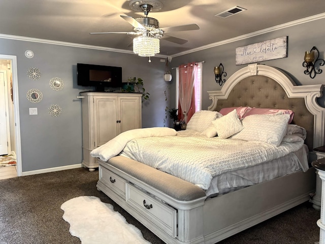 bedroom with crown molding, dark carpet, and ceiling fan