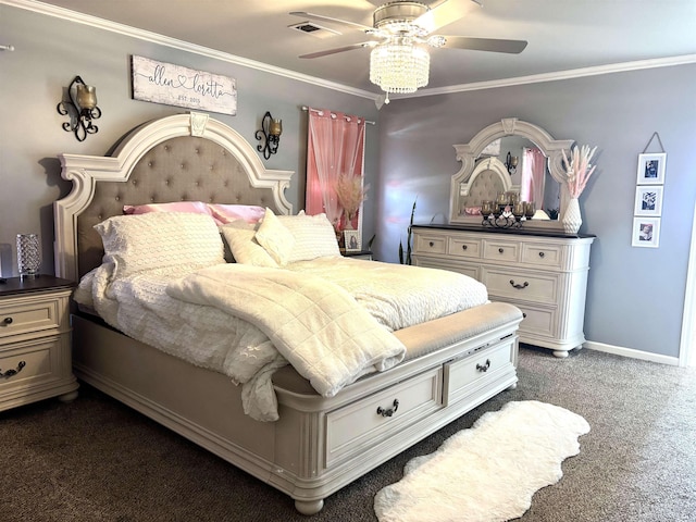 bedroom with ornamental molding, dark carpet, and ceiling fan