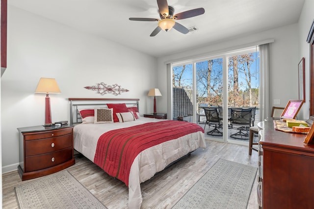 bedroom with ceiling fan, light hardwood / wood-style floors, and access to outside