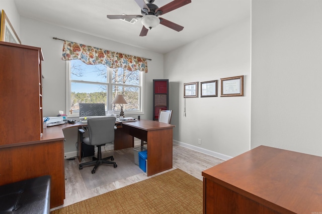 office with ceiling fan and light wood-type flooring