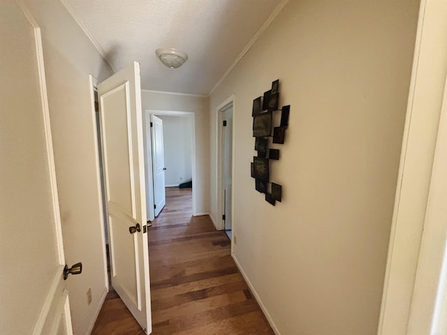 corridor featuring dark wood-type flooring and ornamental molding