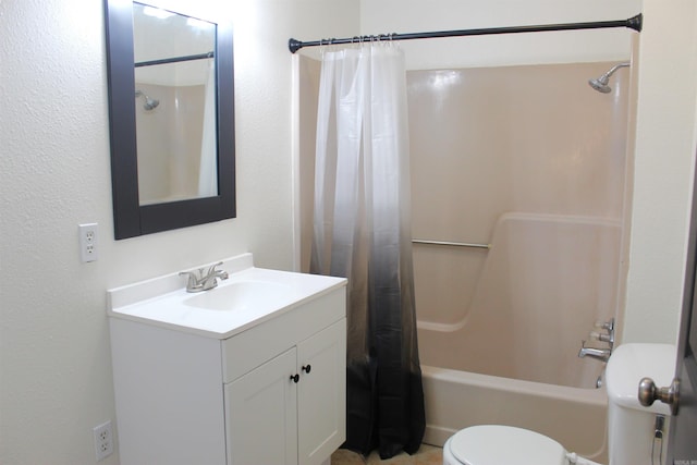 full bathroom with vanity, shower / bath combination with curtain, and toilet