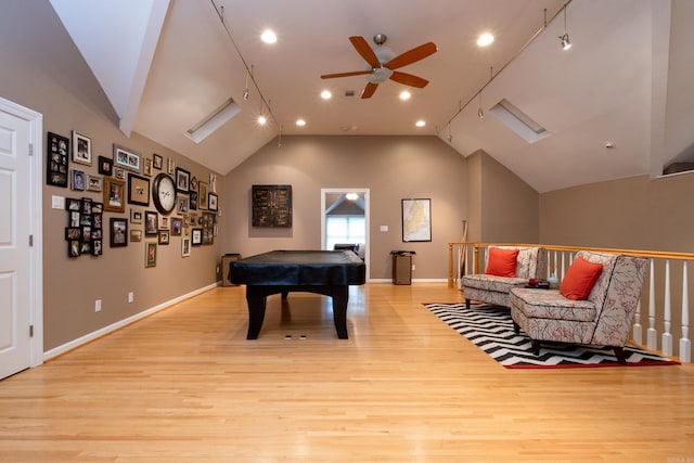 recreation room featuring ceiling fan, pool table, high vaulted ceiling, and light hardwood / wood-style floors