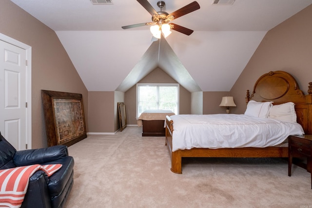 carpeted bedroom featuring ceiling fan and lofted ceiling