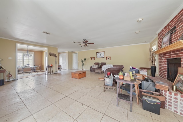 living room with ornamental molding, light tile patterned flooring, and ceiling fan