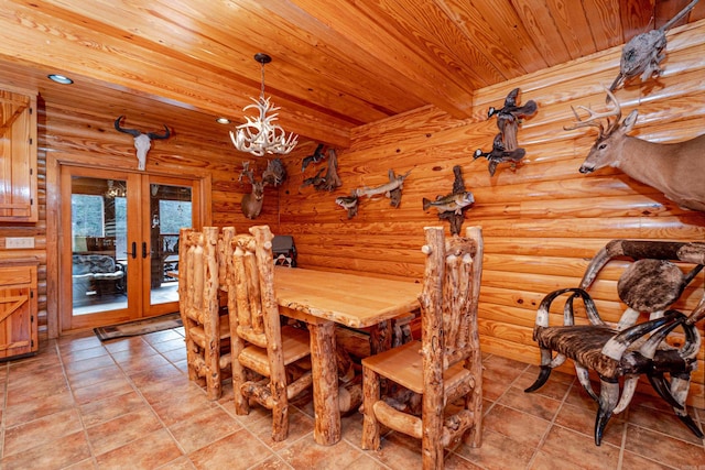 dining space with french doors, rustic walls, beam ceiling, and wood ceiling