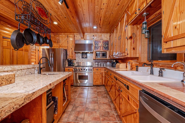 kitchen with appliances with stainless steel finishes, beam ceiling, decorative light fixtures, wooden ceiling, and exhaust hood