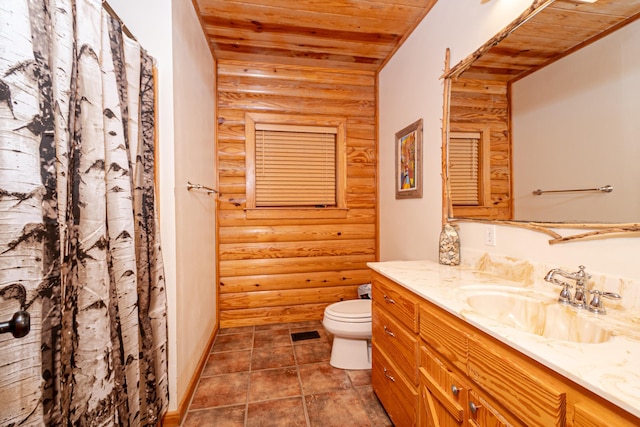 bathroom with wood ceiling, vanity, log walls, and toilet