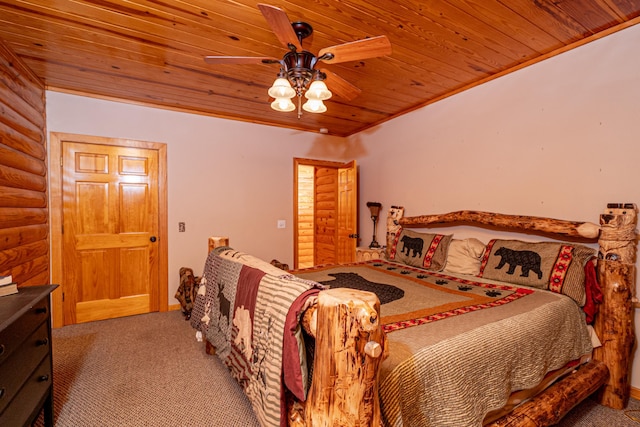 carpeted bedroom with wood ceiling, ceiling fan, log walls, and crown molding