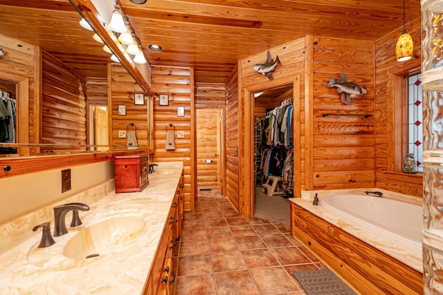 bathroom with vanity, a bath, log walls, and wood ceiling