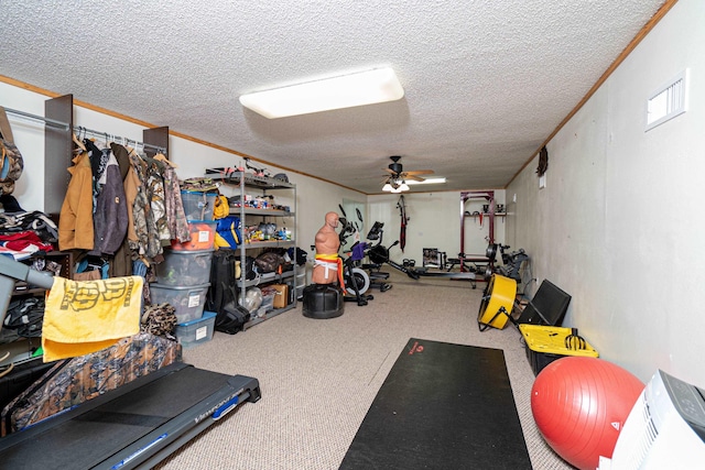 exercise room with crown molding, ceiling fan, and a textured ceiling