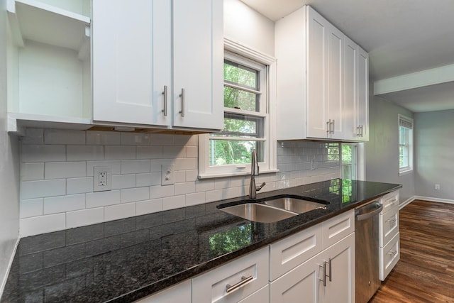 kitchen with sink, white cabinets, dark hardwood / wood-style flooring, dark stone counters, and stainless steel dishwasher