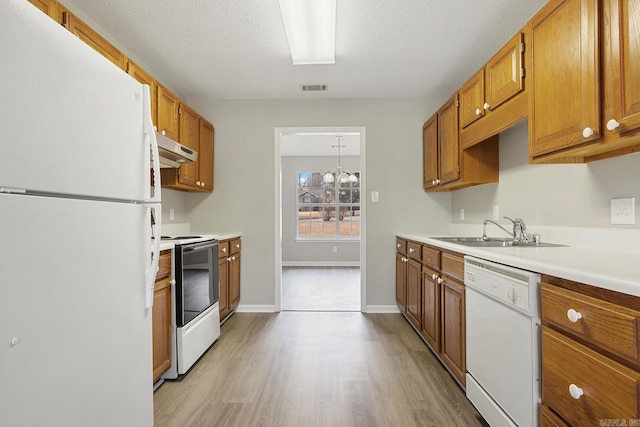 kitchen with white appliances, sink, a textured ceiling, and light wood-type flooring