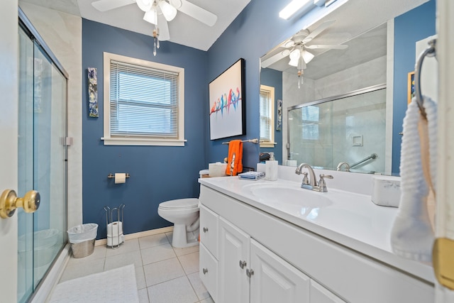 bathroom featuring tile patterned floors, toilet, a shower with shower door, vanity, and ceiling fan