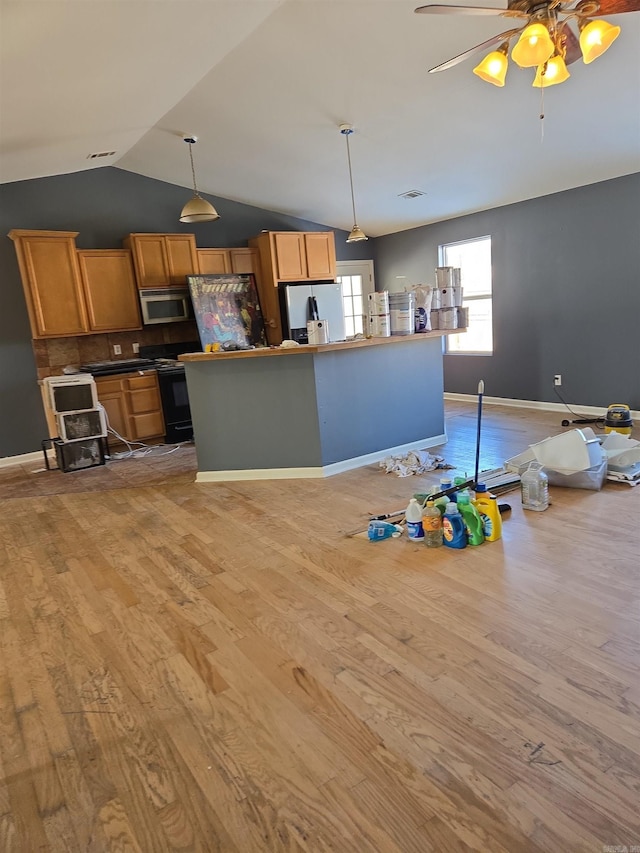 kitchen featuring stainless steel appliances, light hardwood / wood-style floors, and decorative light fixtures